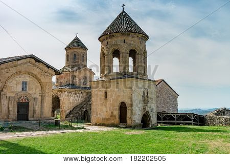 View from inside and outside Gelati monastery, Georgia.  Gelati is a medieval monastic complex. Gelati was founded in 1106 by King David IV and is recognized by UNESCO as a World Heritage Site.