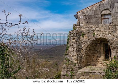 View from inside and outside Gelati monastery, Georgia.  Gelati is a medieval monastic complex. Gelati was founded in 1106 by King David IV and is recognized by UNESCO as a World Heritage Site.