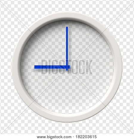 Realistic Wall Clock. Nine oclock am or pm. Transparent face. Blue hands. Ready to apply. Graphic element for documents, templates, posters, flyers. Vector illustration.