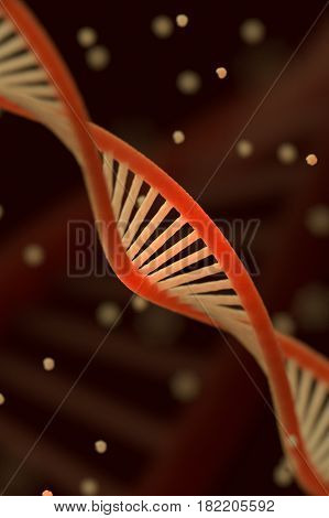 DNA chain macroshot. Highly detailed render. Dark key. Scientific background or medical backdrop. Great for poster, book cover, flyer or folder. Shallow DOF. 3D illustration