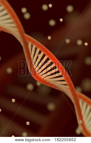 DNA chain macroshot. Highly detailed render. Dark key. Scientific background or medical backdrop. Great for poster, book cover, flyer or folder. Shallow DOF. 3D illustration