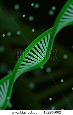 DNA chain macroshot. Highly detailed render. Green color. Scientific background or medical backdrop. Great for poster, book cover, flyer or folder. Shallow DOF. 3D illustration