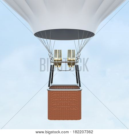 White hot air balloon with basket on skiy background, 3d rendering