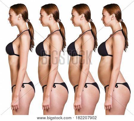 Collage of female body showing weight loss phases over white background
