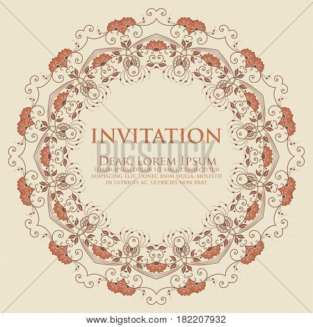 Wedding invitation and announcement card with ornamental round lace with arabesque elements. Mehndi style. Orient traditional ornament. Zentangle-like round colored floral ornament.