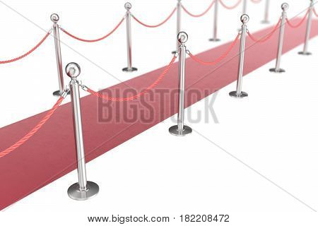 Red valvet carpet isolated on white background with silver stanchiond nad two rope barriers, 3d rendering