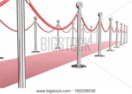 Red valvet carpet isolated on white background with silver stanchiond nad two rope barriers, 3d rendering