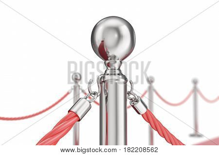 Red valvet carpet isolated on white background with silver stanchiond nad two rope barriers, 3d rendering