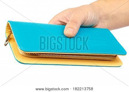 Elegant purse in hand isolated on white background.