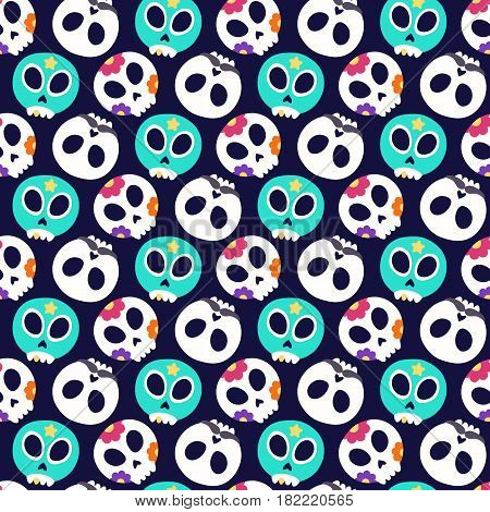 Skull with flowers moustaches and luchador mask. Seamless pattern with flat design of skulls on the dark background. Vector illustration