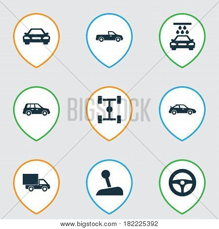 Automobile Icons Set. Collection Of Wheelbase, Auto, Lorry And Other Elements. Also Includes Symbols Such As Wheel, Gear, Automobile.