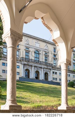 View through a arch of Porticato del Lippomano at Museum Udine