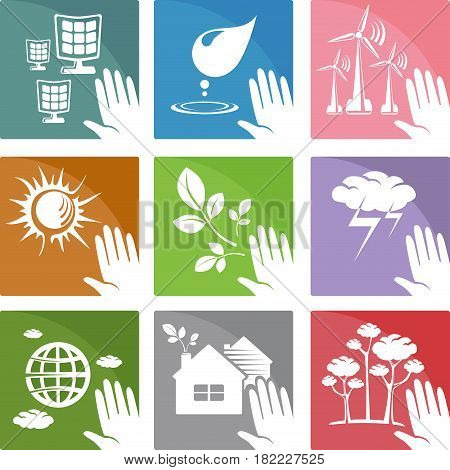 Set of icons of alternative and clean sources of energy sun, wind and water