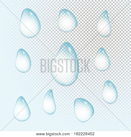 A set of clear realistic water drops..Transparent raindrops of liquid water. .Vector illustration