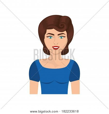 colorful realistic half body woman with blue t-shirt and pin up swirl hairstyle vector illustration