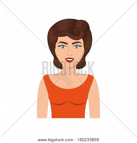 colorful realistic half body woman with orange blouse and pin up swirl hairstyle vector illustration