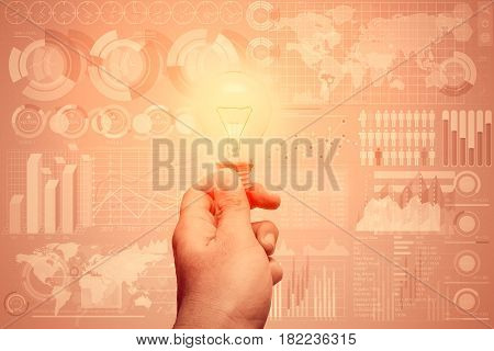 Hand Hold Bulb With Professional Business Data Technical Analysis Chart Diagram Background
