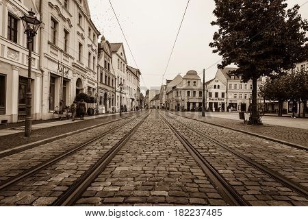 COTTBUS GERMANY - OCTOBER 18 2016: The historic part of town (Alt Markt). Cottbus is a university city and the second-largest city in federal state of Brandenburg. Toning. Stylization.