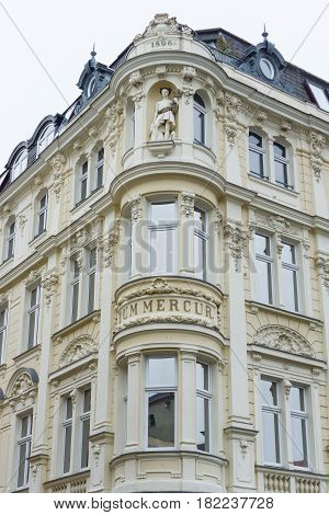 COTTBUS GERMANY - OCTOBER 18 2016: The beautiful facade of the old building in the historic part of town (Alt Markt). Cottbus is a university and the second-largest city in federal state of Brandenburg.
