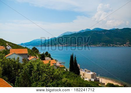 View from the villa on the sea and the mountains on the peninsula of Lustica in Montenegro.