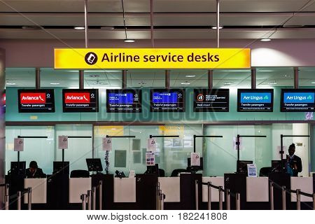 London UK - December 24 2016 - Airline services desks for transfer passengers at Heathrow Airport