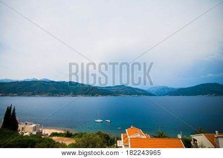 View from the villa on the sea and the mountains on the peninsula of Lustica in Montenegro.