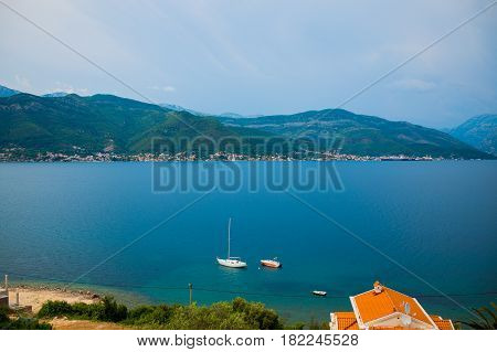 View from the villa on the sea and the mountains on the peninsula of Lustica in Montenegro.
