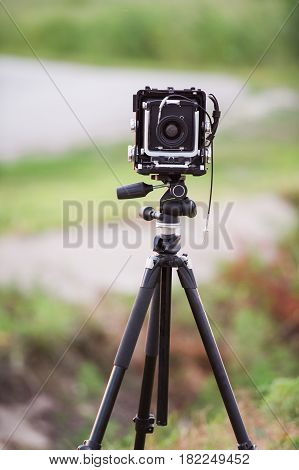 the large format camera's on a tripod outdoors ready to shoot