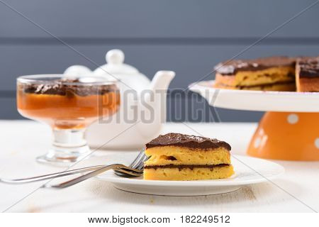 Low callorie pupmkin dessert and homemade layered pumpkin cake with chocolate icing and forks