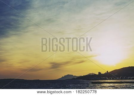 Mediterranean Sea View From Cannes With Sunset Sun Flare