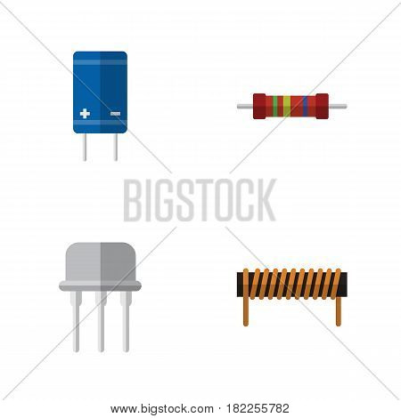 Flat Electronics Set Of Transistor, Bobbin, Resist And Other Vector Objects. Also Includes Resist, Copper, Transistor Elements.