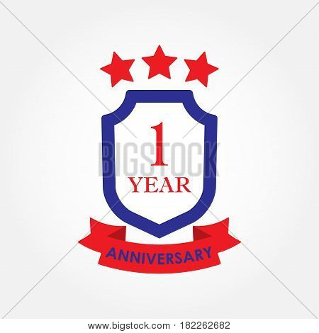 1 year anniversary icon or emblem. 1th anniversary label. Celebration invitation and congratulation design element. Colorful vector illustration