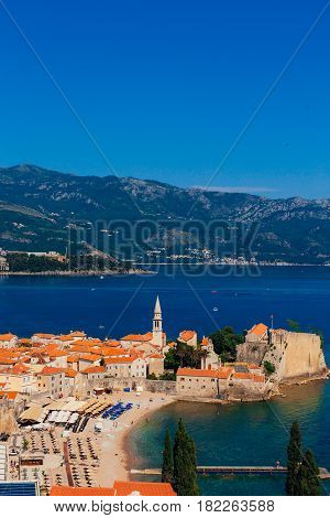Panoramic view of the Budva Riviera from the observation deck of the fortress of the Old Town. Budva. Montenegro.