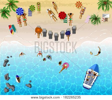 Sunbathing People. Sunny Beach View From Above