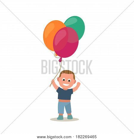 Little boy holding colorful balloon. Vector flat color illustration isolated on white background.