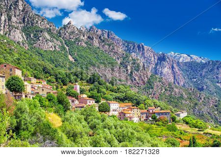 Ota Town With The Mountains In The Background Near Evisa And Porto, Corsica, France.