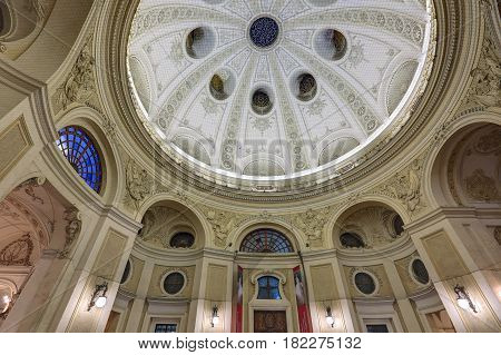 VIENNA/ AUSTRIA - APRIL 4, 2017. The dome of the St. Michael wing (Michaelertrakt) of the Hofburg Palace with night illumination. Vienna, Austria