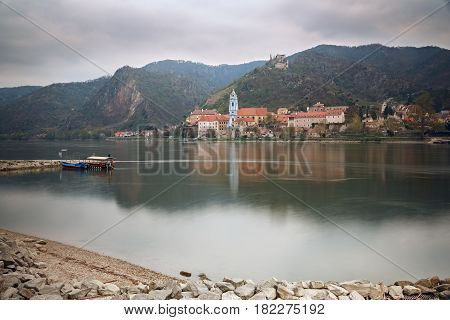 View of the medieval monastery Duernstein on the river Danube in the Wachau valley. Lower Austria