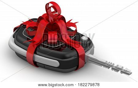 Car as a gift. Car key tied with a red ribbon and bow. Isolated. 3D Illustration