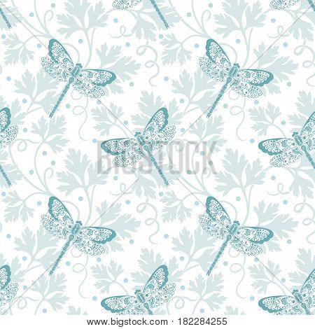Vector flower seamless pattern background. Elegant texture for backgrounds. With dragonfly and parsley.