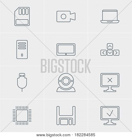 Vector Illustration Of 12 Computer Icons. Editable Pack Of Diskette, Online Computer, Movie Cam And Other Elements.