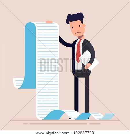 Businessman or manager, hold a long list or scroll of tasks. or questionnaire. Man in a business suit. Flat character. Vector illustration.