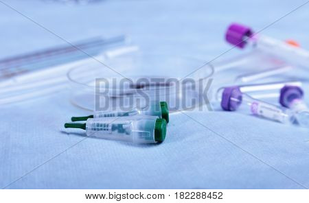 set of laboratory supplies. Petri dish, Spectrophotometer quvettes, blood test, test-tube
