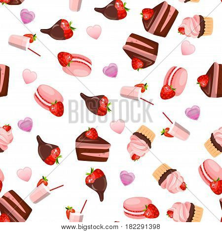 Very high quality original trendy vector seamless pattern with a strawberry chocolate pancake and macaroons