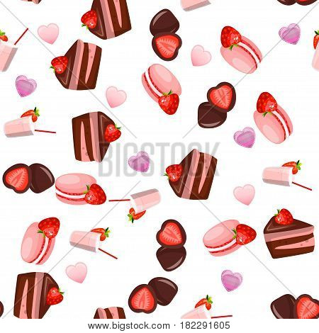 Very high quality original trendy vector seamless pattern with a strawberry in chocolate and macaroons