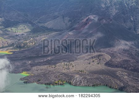 View of Segara Anak lake from the top of Mt Rinjani, Lombok Indonesia