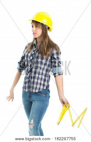 Young woman architect builder verify construction site work. Isolated on white background.