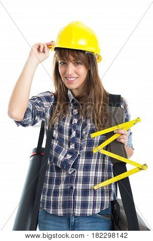 Young woman architect builder verify construction site work. Isolated on white background.