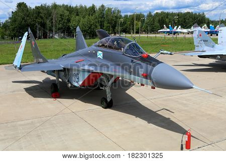 KUBINKA, MOSCOW REGION, RUSSIA - JUNE 17, 2015: Naval MiG-29K 39 BLUE standing at Kubinka air force base during Army-2015 forum