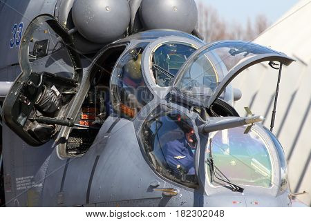 KUBINKA, MOSCOW REGION, RUSSIA - MAY 9, 2015: Mi-35 attack helicopter pictured at Kubinka air force base.